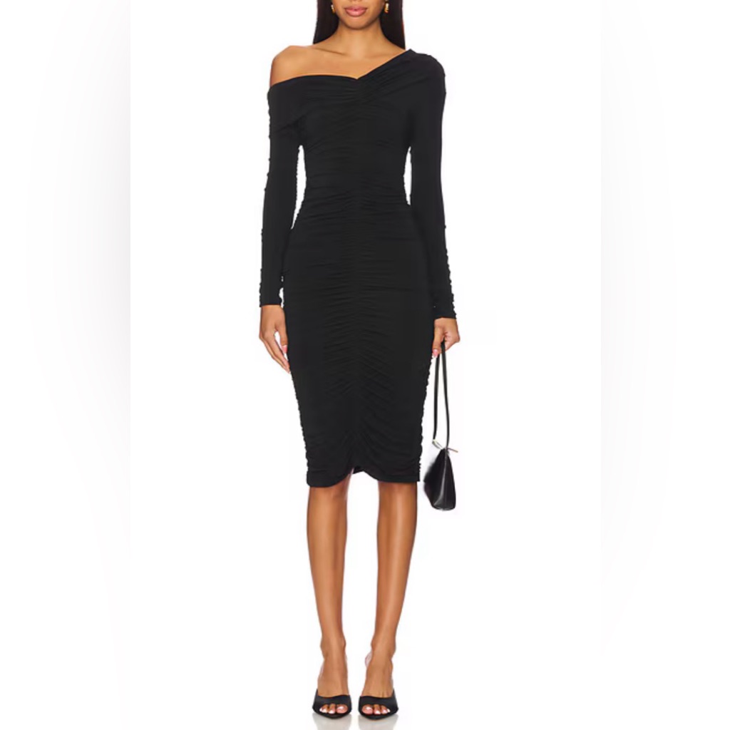A.C.L. 'Marie Ruched Midi' Off Shoulder Bodycon Cocktail Dress In Black